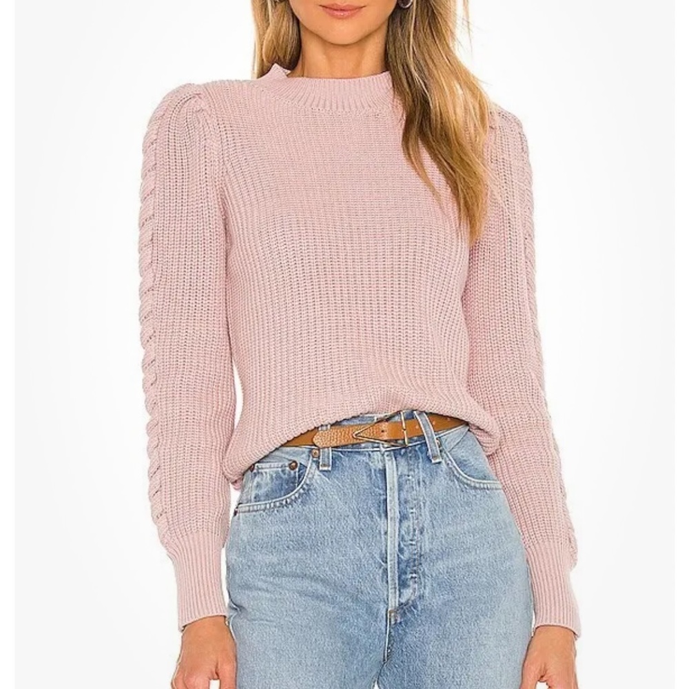 525 Cable Puff Sleeve Mock Neck Sweater Quartz Pink Cable M NWT